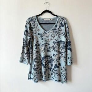 Soft Surroundings Blue Floral Jacquard V-Neck Sweater 3/4 Sleeve Medium
